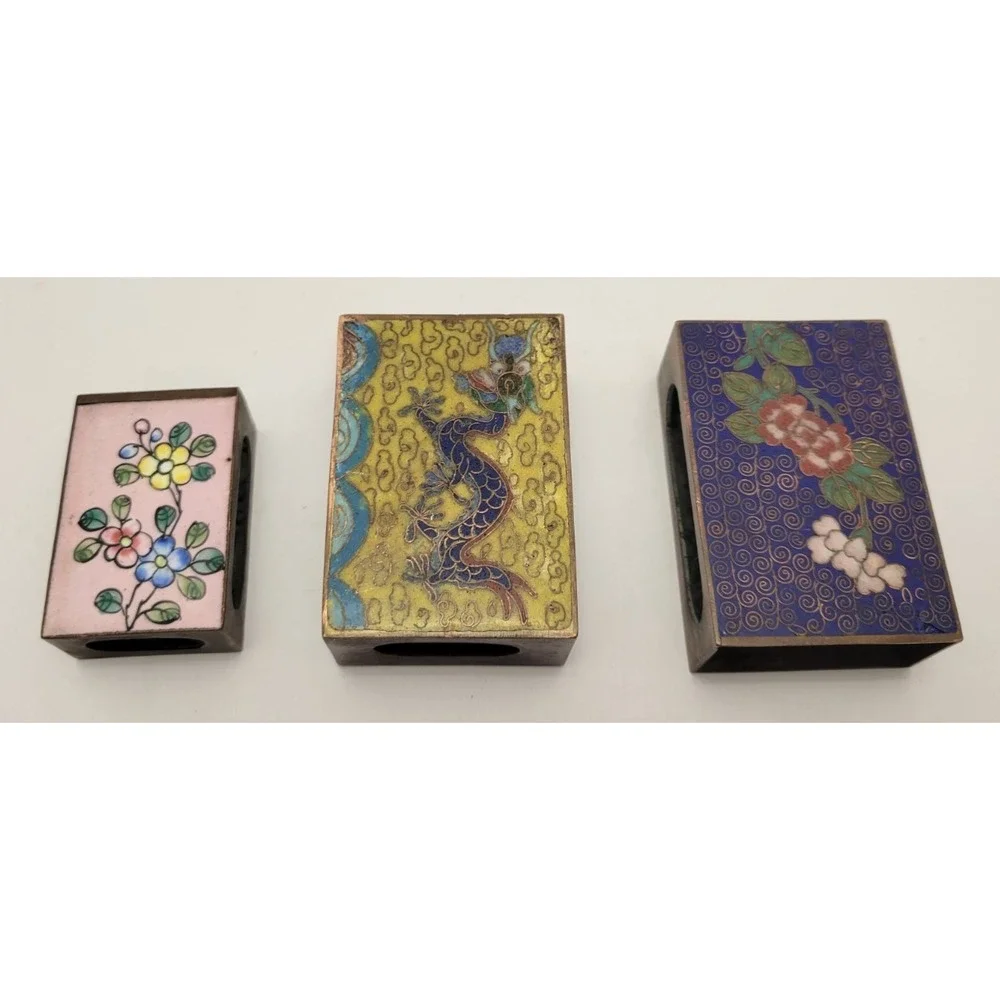 Lot of 3 vintage Chinese cloisonné enamel brass matchbox holders Dragon Flowers